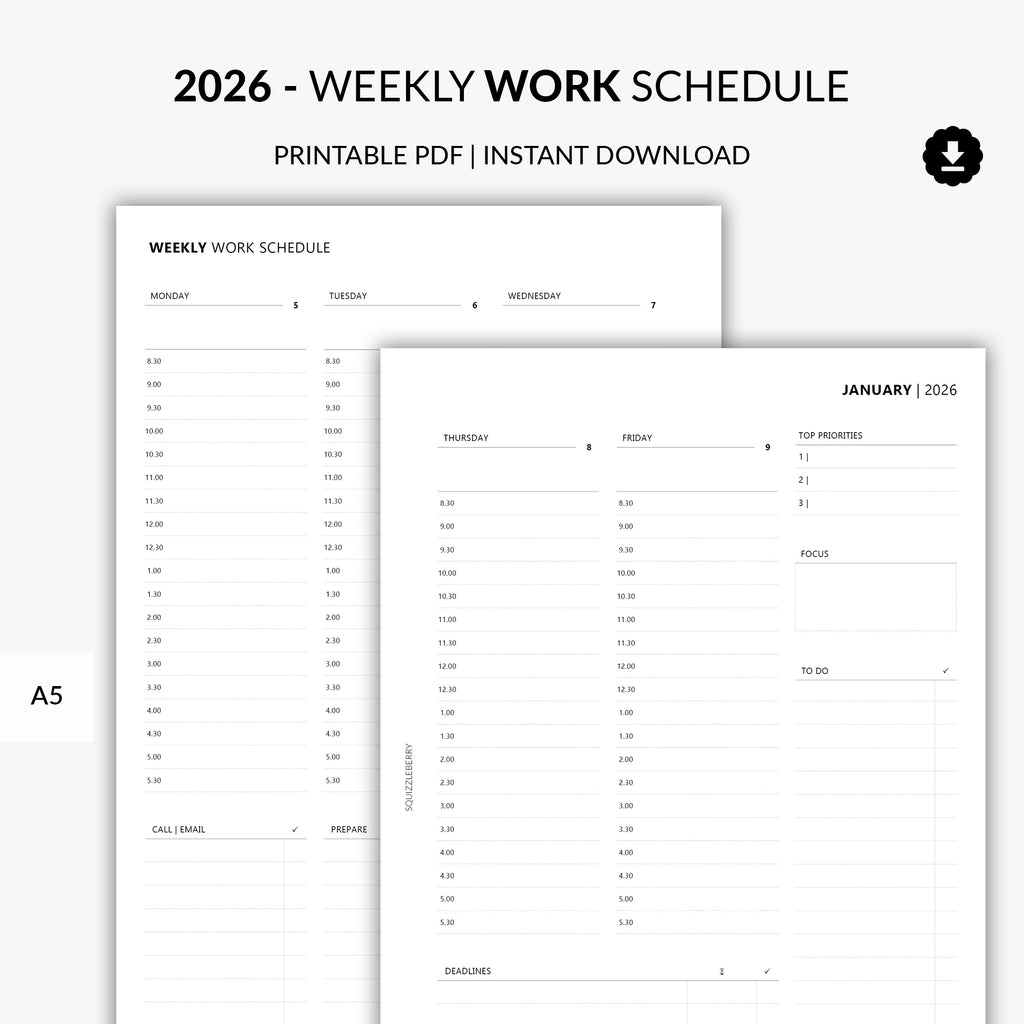 2026 Weekly Work Schedule Printable PDF - 5 Day Work Planner A5 Instant ...
