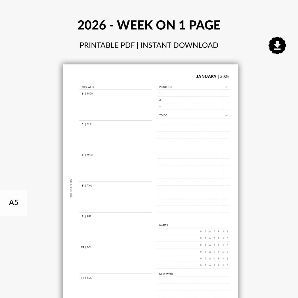 2026 Weekly Planner Printable Insert PDF Week on 1 Page - A5 Instant ...