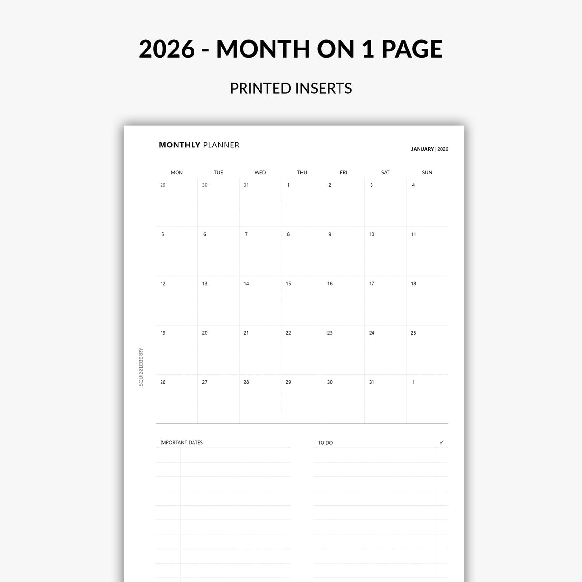 2026 month on 1 page minimal dated 
planner inserts by squizzleberry