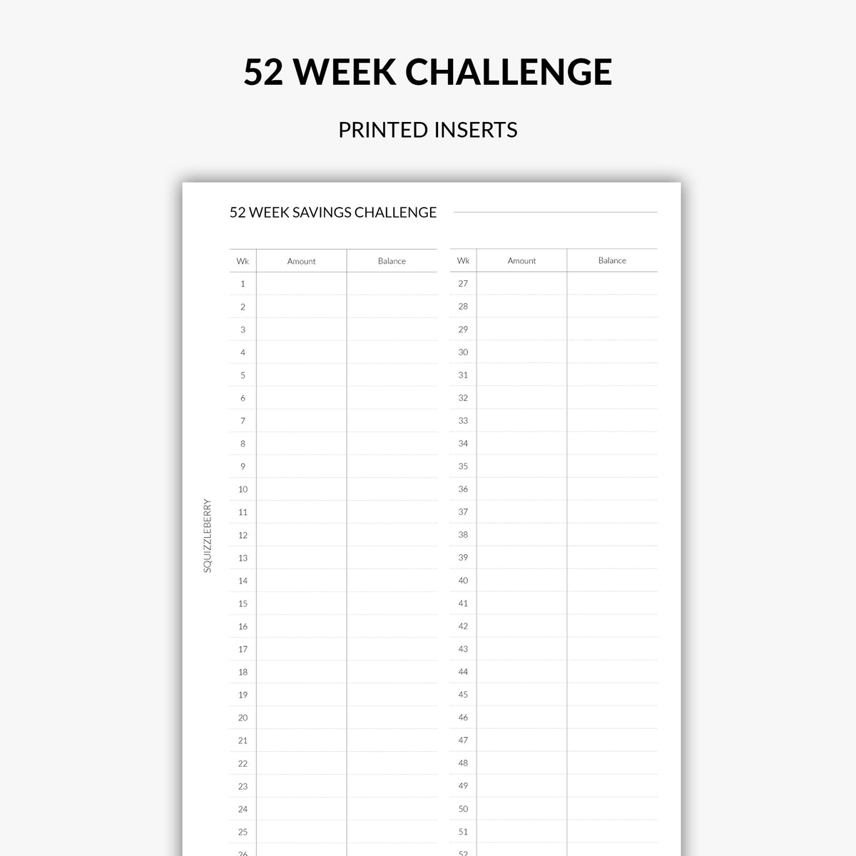 52 week savings challenge planner inserts