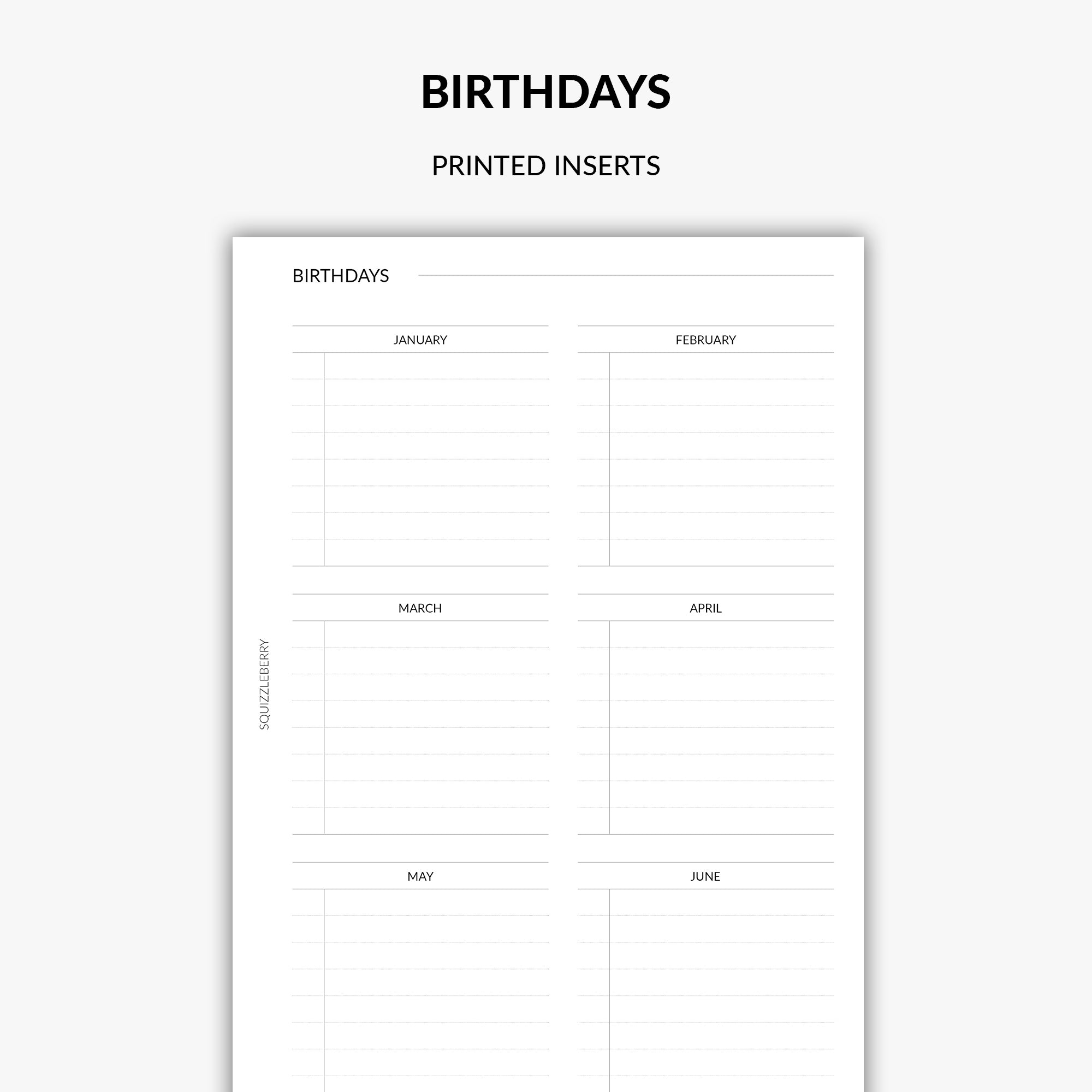birthday tracker minimal inserts
