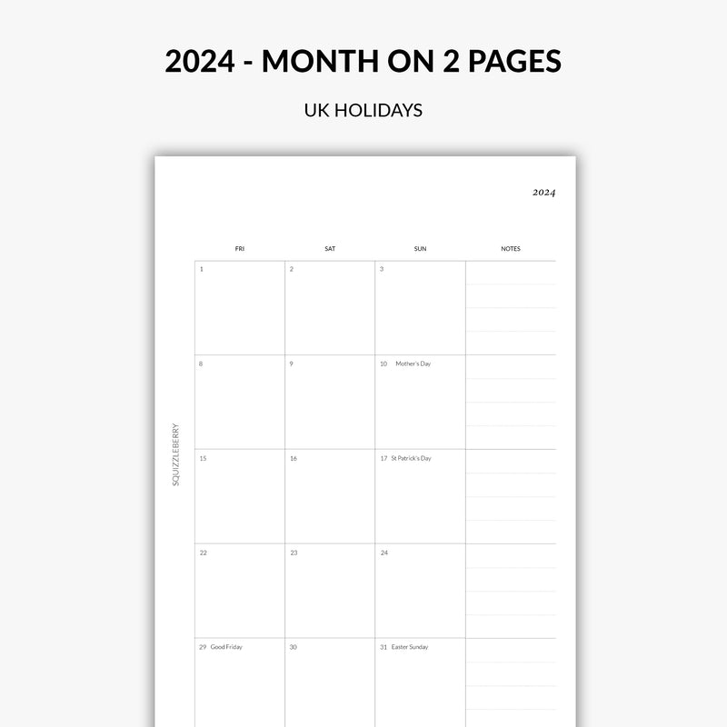 2024 monthly planner with uk holidays