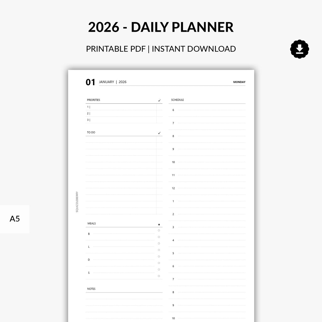 2026 Daily Planner Printable PDF A5 - Day Per Page Hourly Planner ...