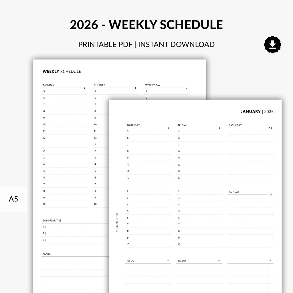 2026 Weekly Schedule Printable Insert PDF - Hourly Planner with Habit ...