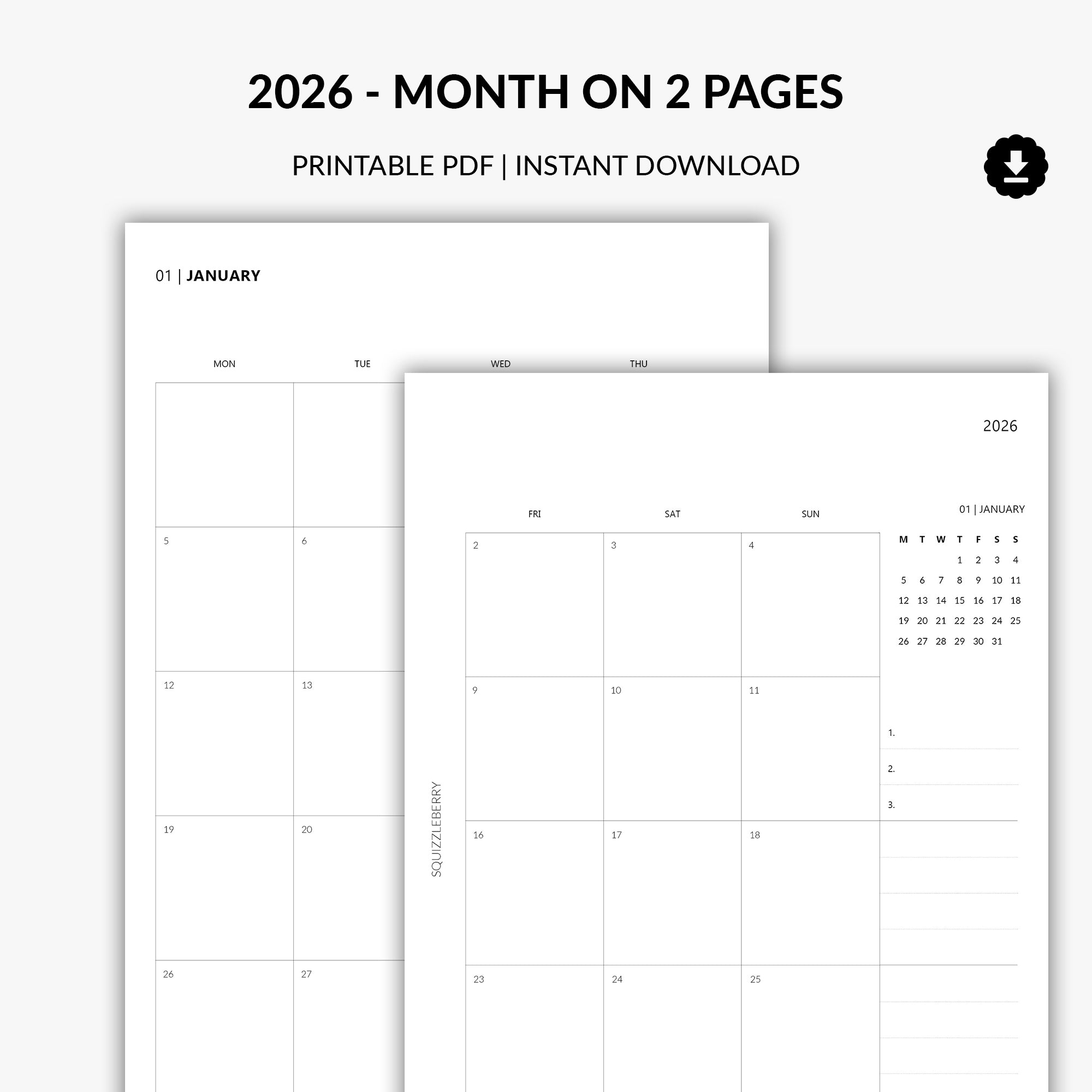 2026 - Month on 2 Pages | Printable