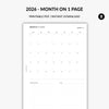 2026 - Month on 1 Page | Printable