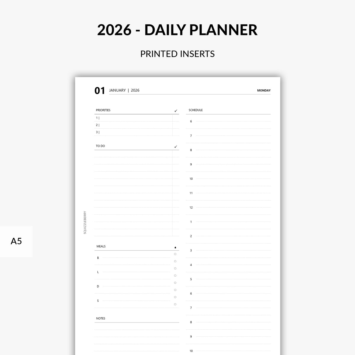 2026 daily minimalist planner inserts printed on paper by Squizzleberry