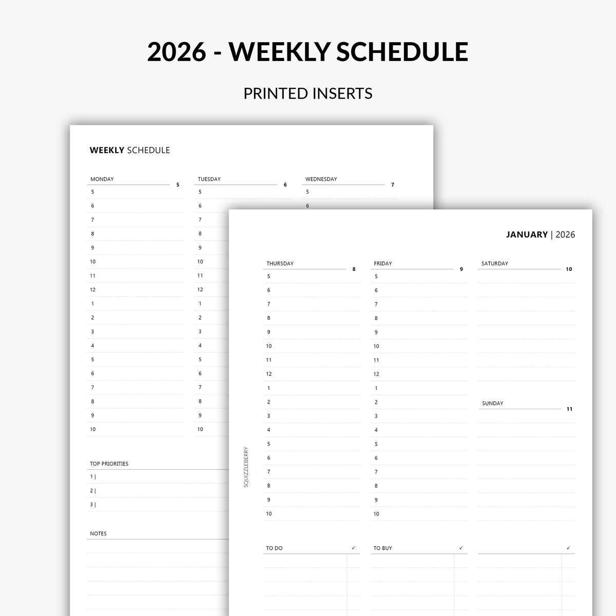 2026 weekly schedule planner inserts wo2p by squizzleberry minimal design