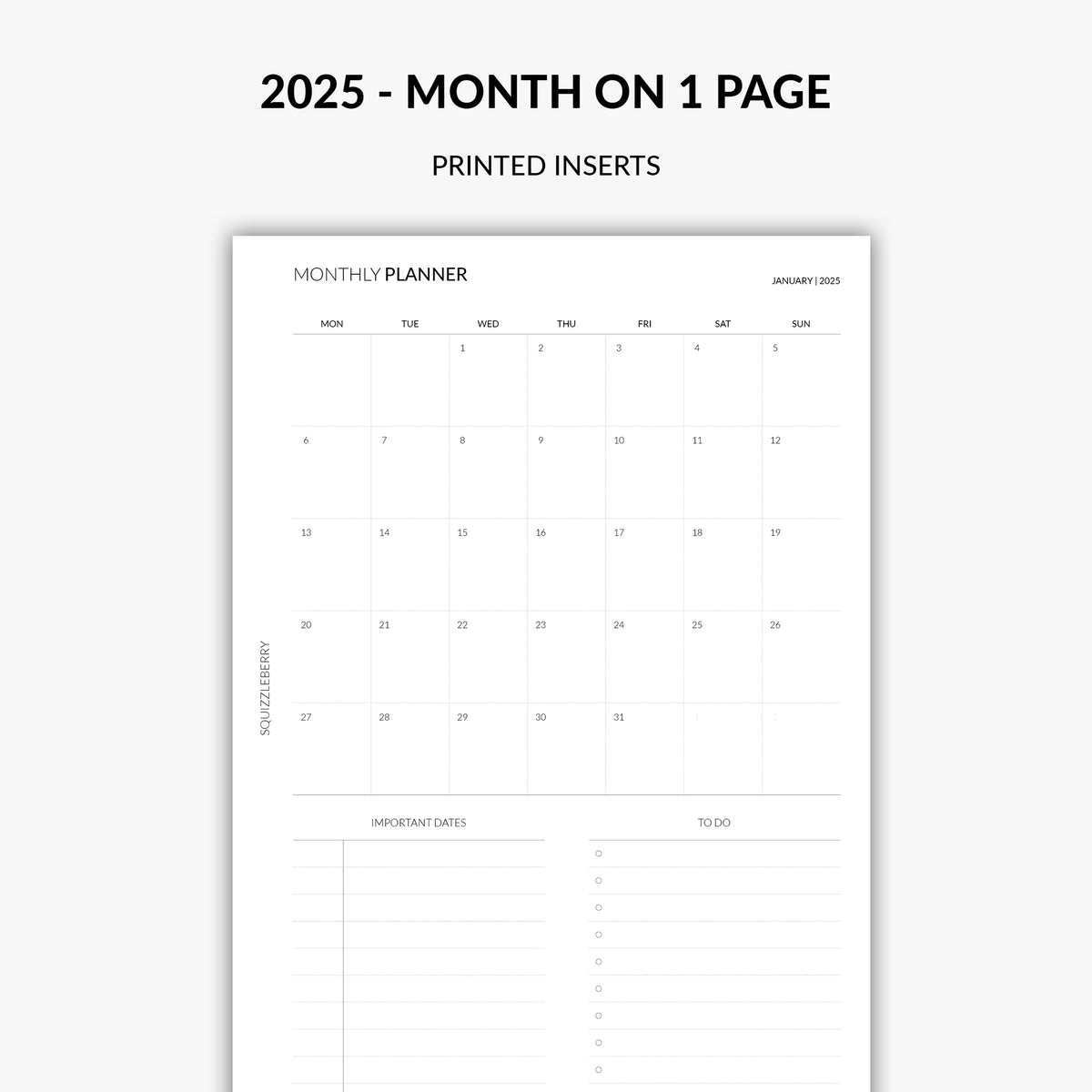 month on one page minimal planner inserts by squizzleberry