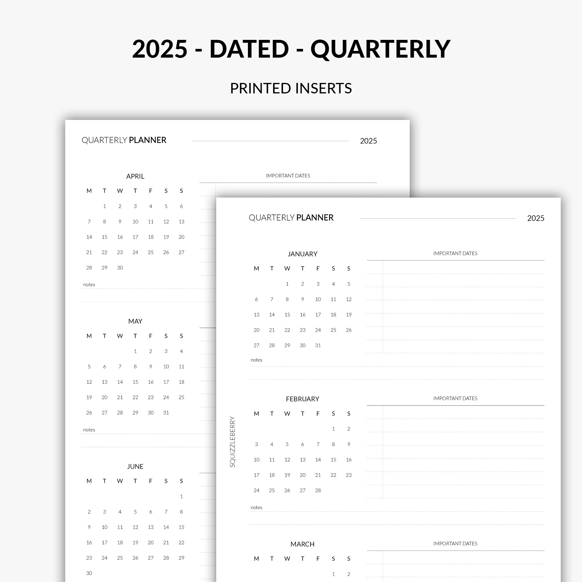 2025 dated quarterly planner inserts by squizzleberry