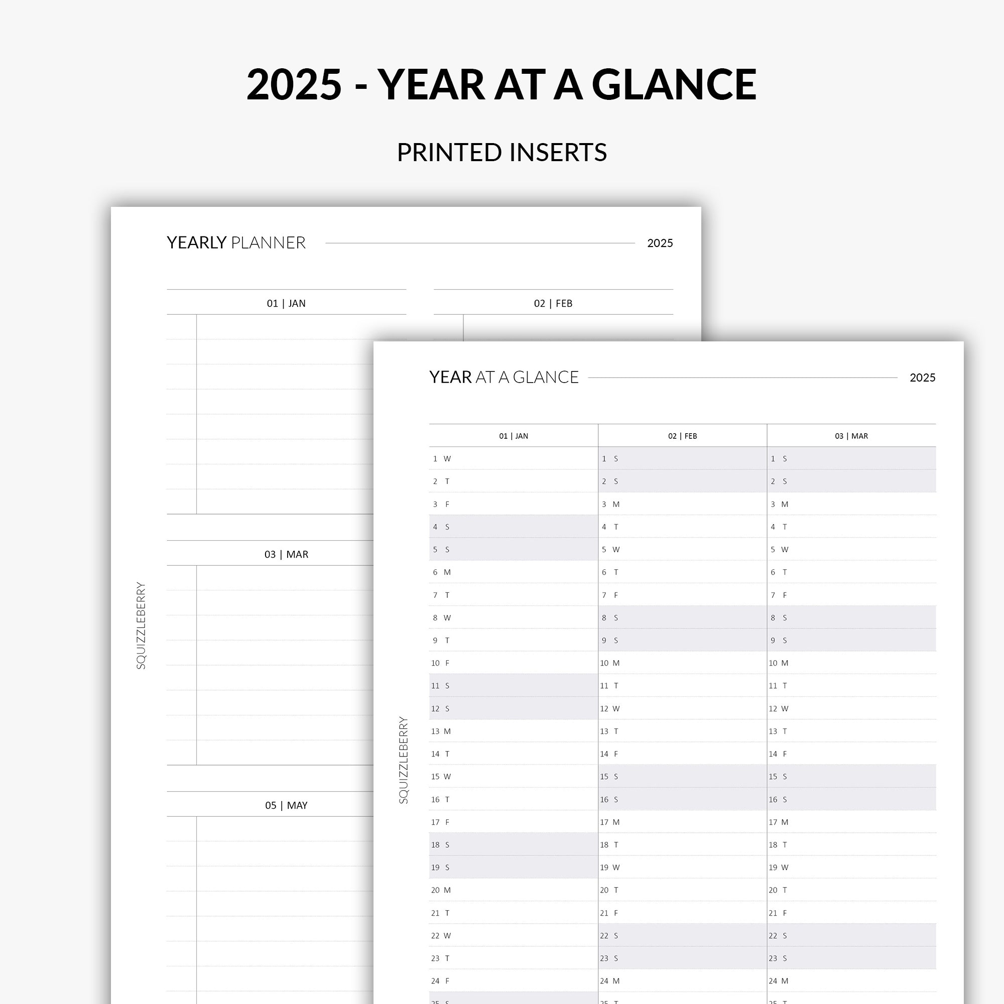 2025 year at a glance calendar planner inserts