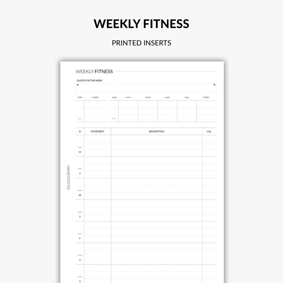 undated weekly fitness planner insert in minimalist style