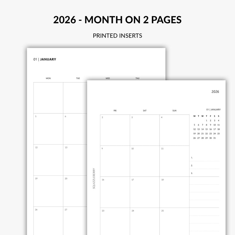 2026 month on 2 pages planner insert minimalist design Squizzleberry UK