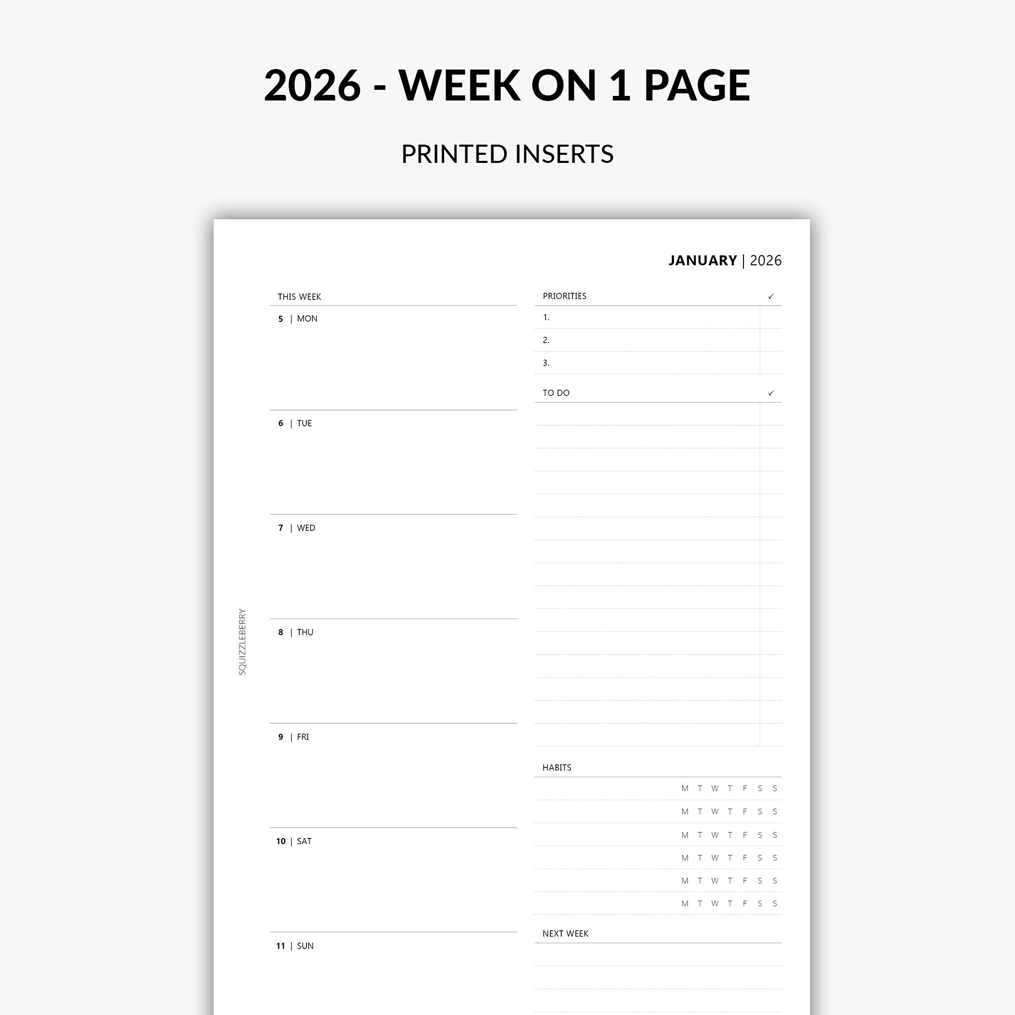 Squizzleberry 2026 weekly planner insert week on 1 page minimalist design printed on 140gsm paper