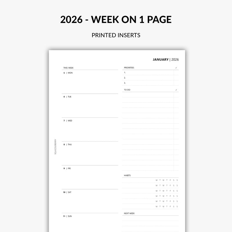 2026 weekly planner insert week on 1 page minimalist design Squizzleberry UK