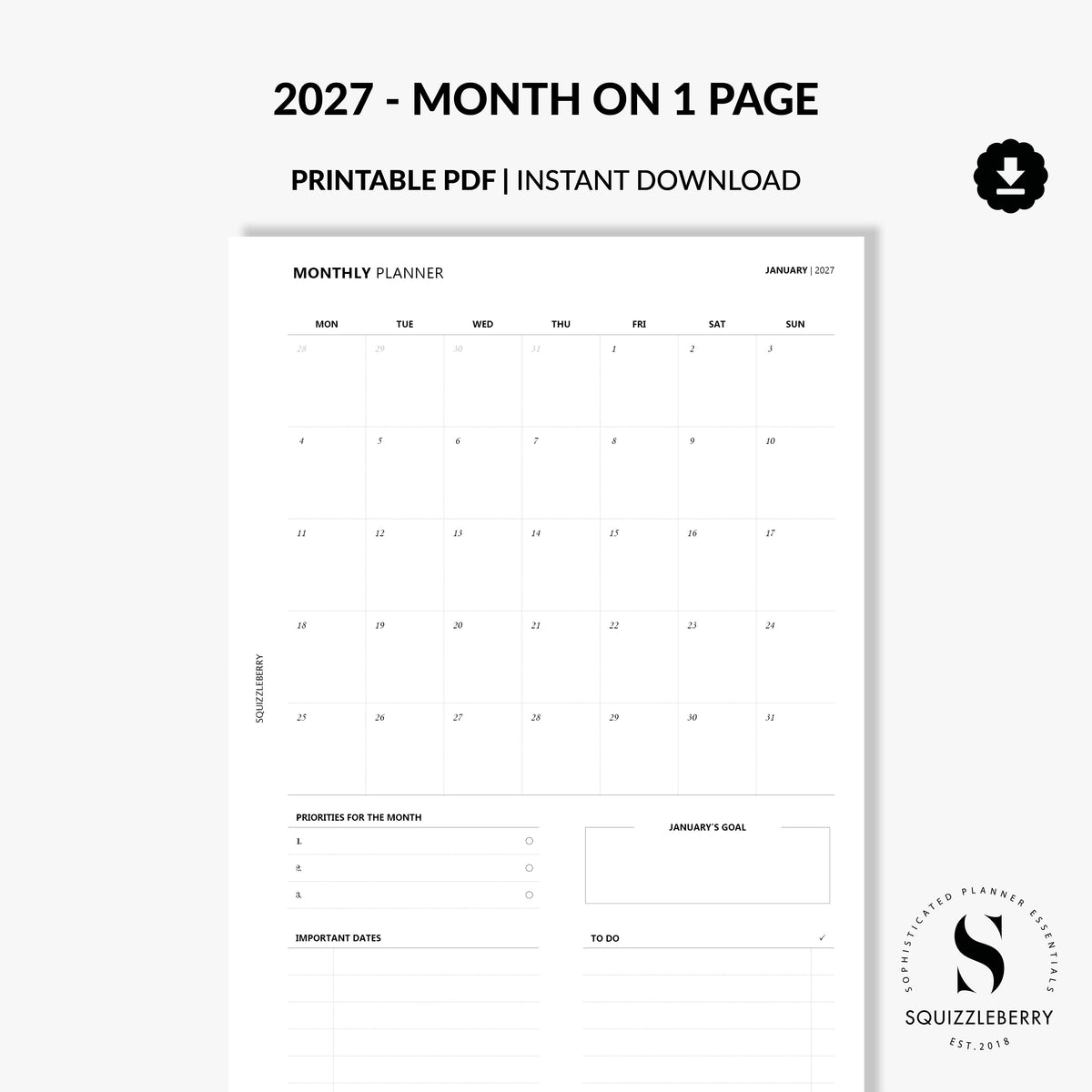 2027 month on one page pdf download minimalist