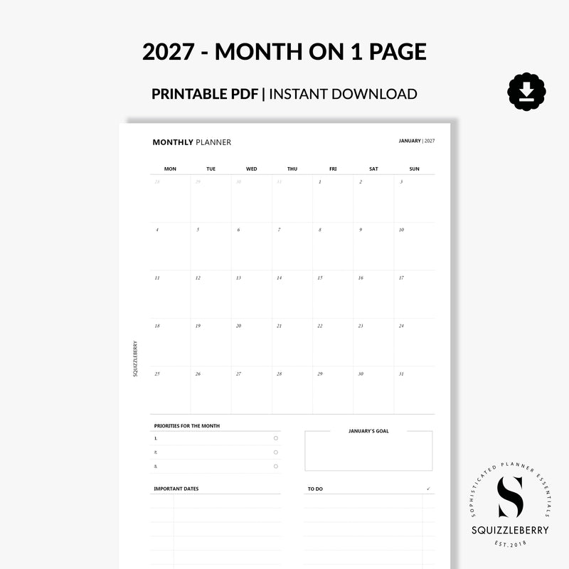 2027 month on one page pdf download minimalist