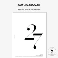 A minimalist printed vellum dashboard poster for the year 2027, featuring a large stylized black number '27' on a white sheet