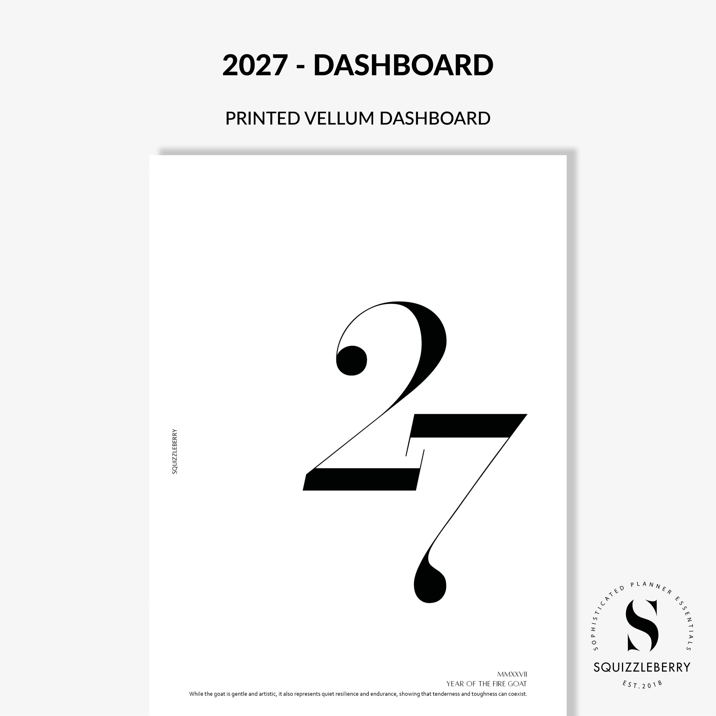 A minimalist printed vellum dashboard poster for the year 2027, featuring a large stylized black number '27' on a white sheet