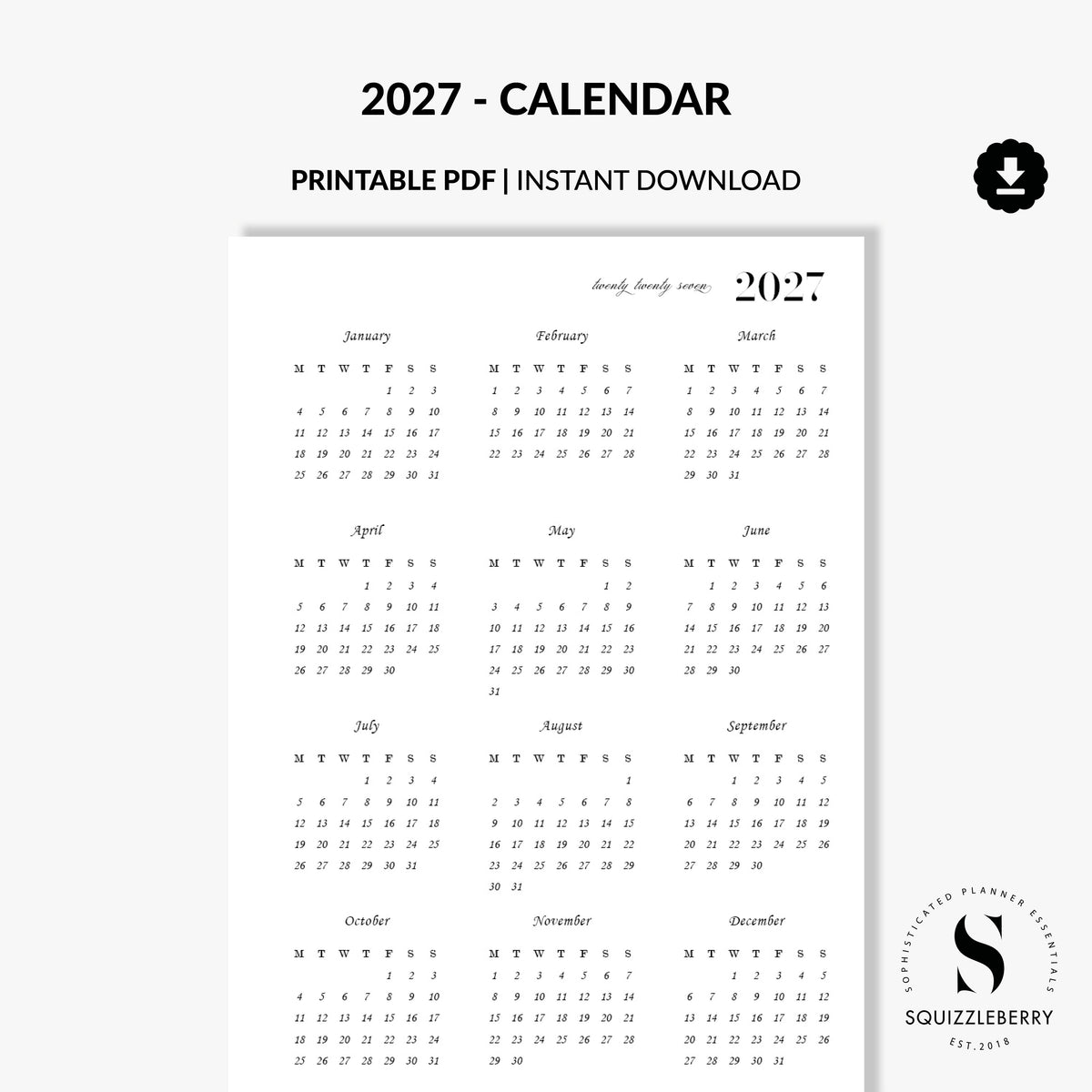 2027 clean digital printable calendar to print at home pdf planner