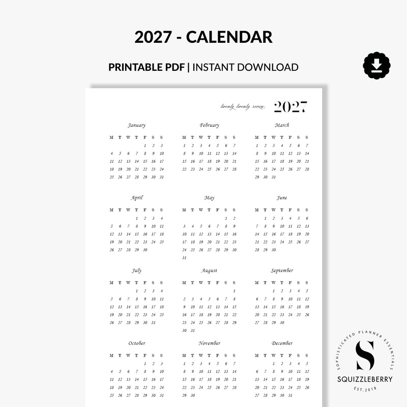 2027 clean digital printable calendar to print at home pdf planner