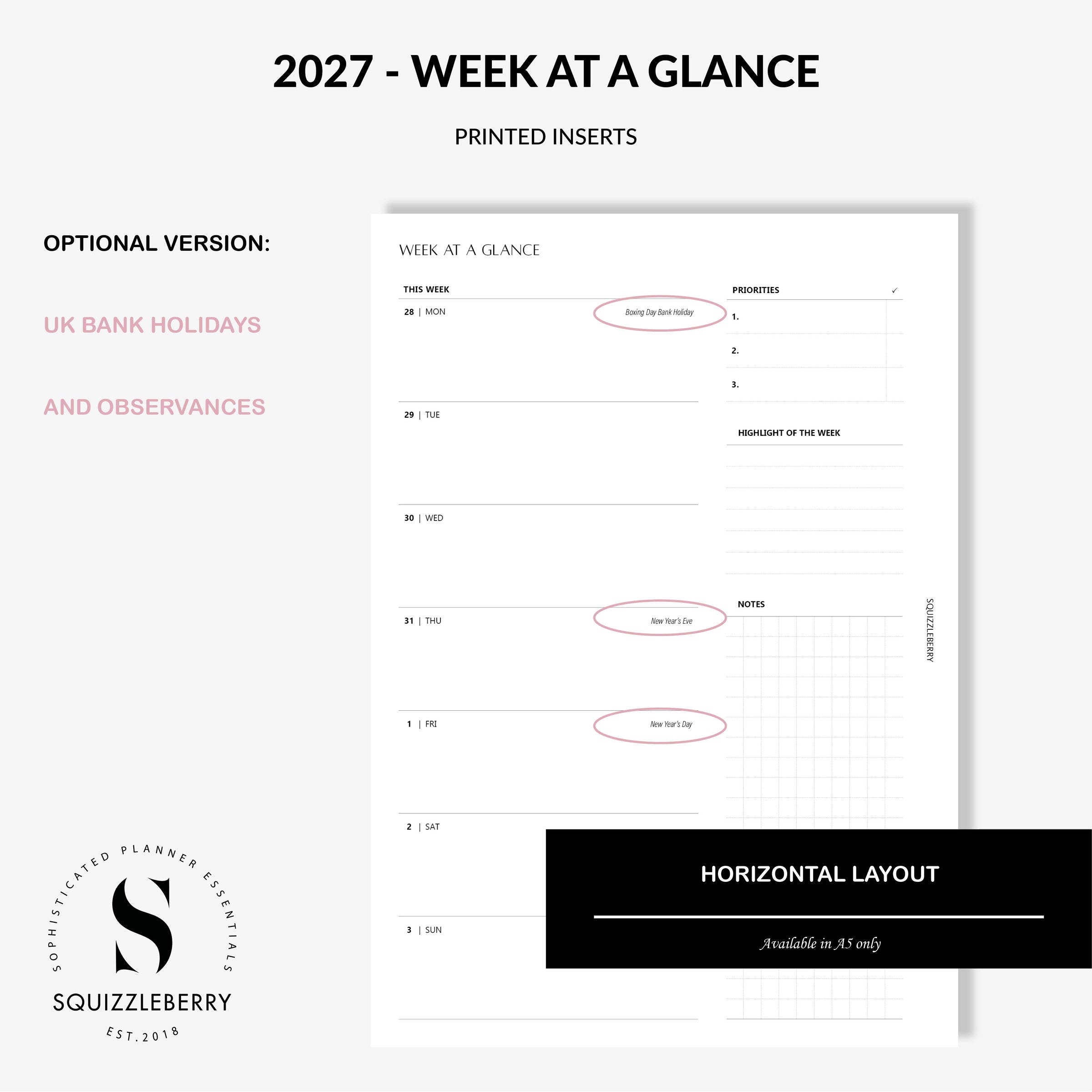 2027 uk holidays weekly planner