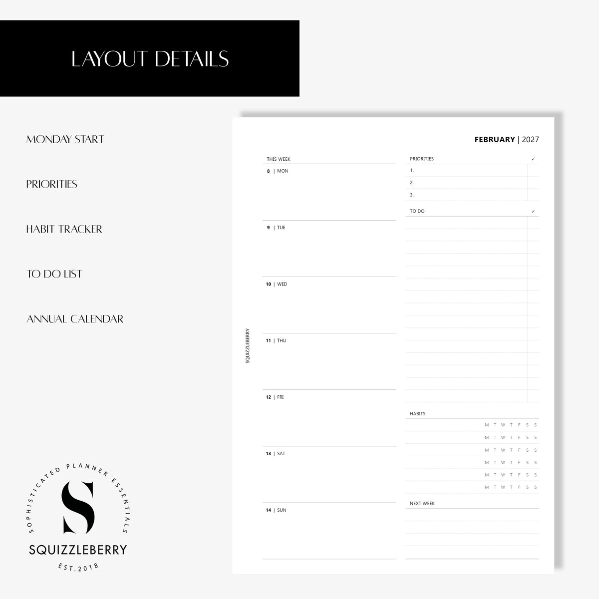 2027 - Weekly Planner (Wo1P) | Printable