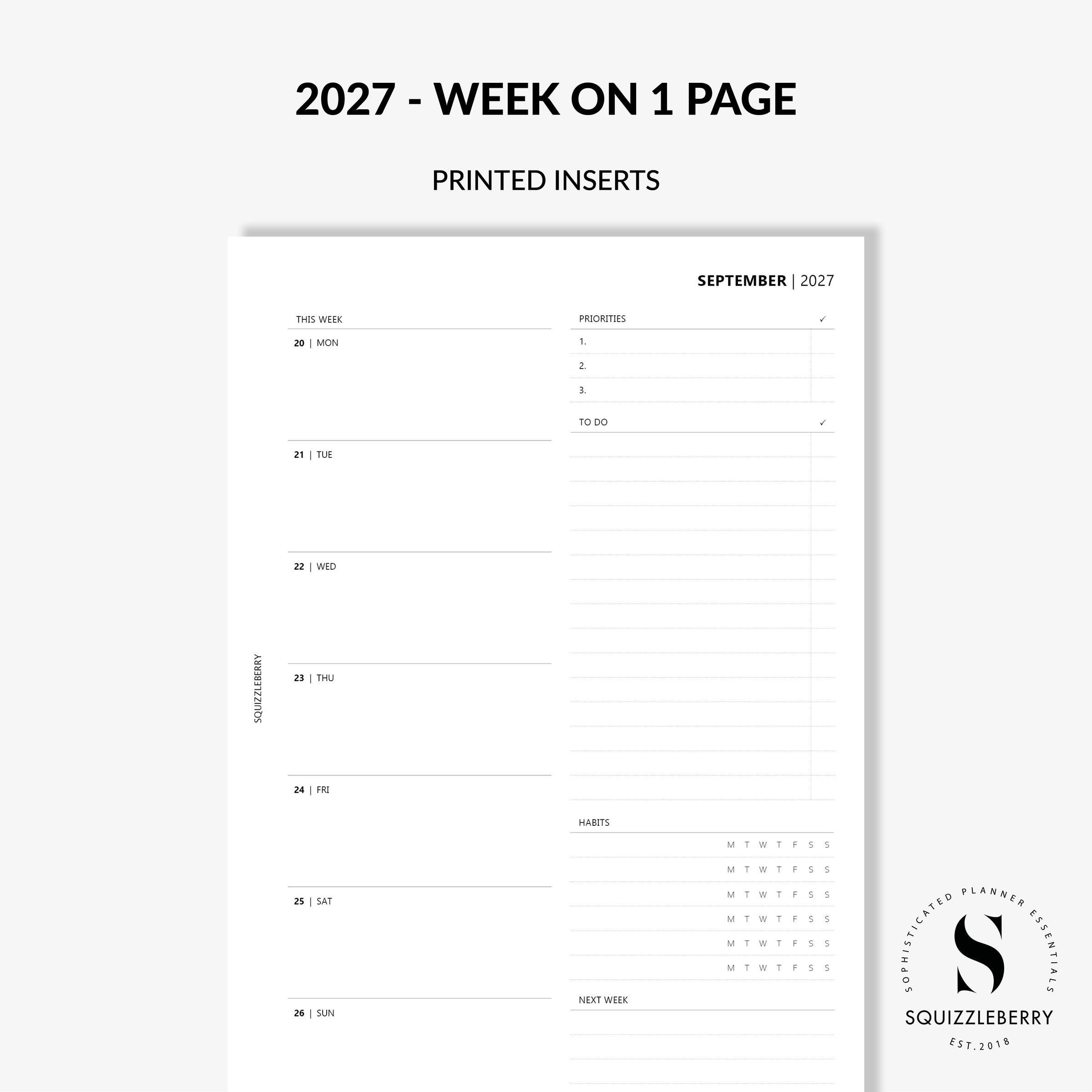 2027 week on  page planner inserts