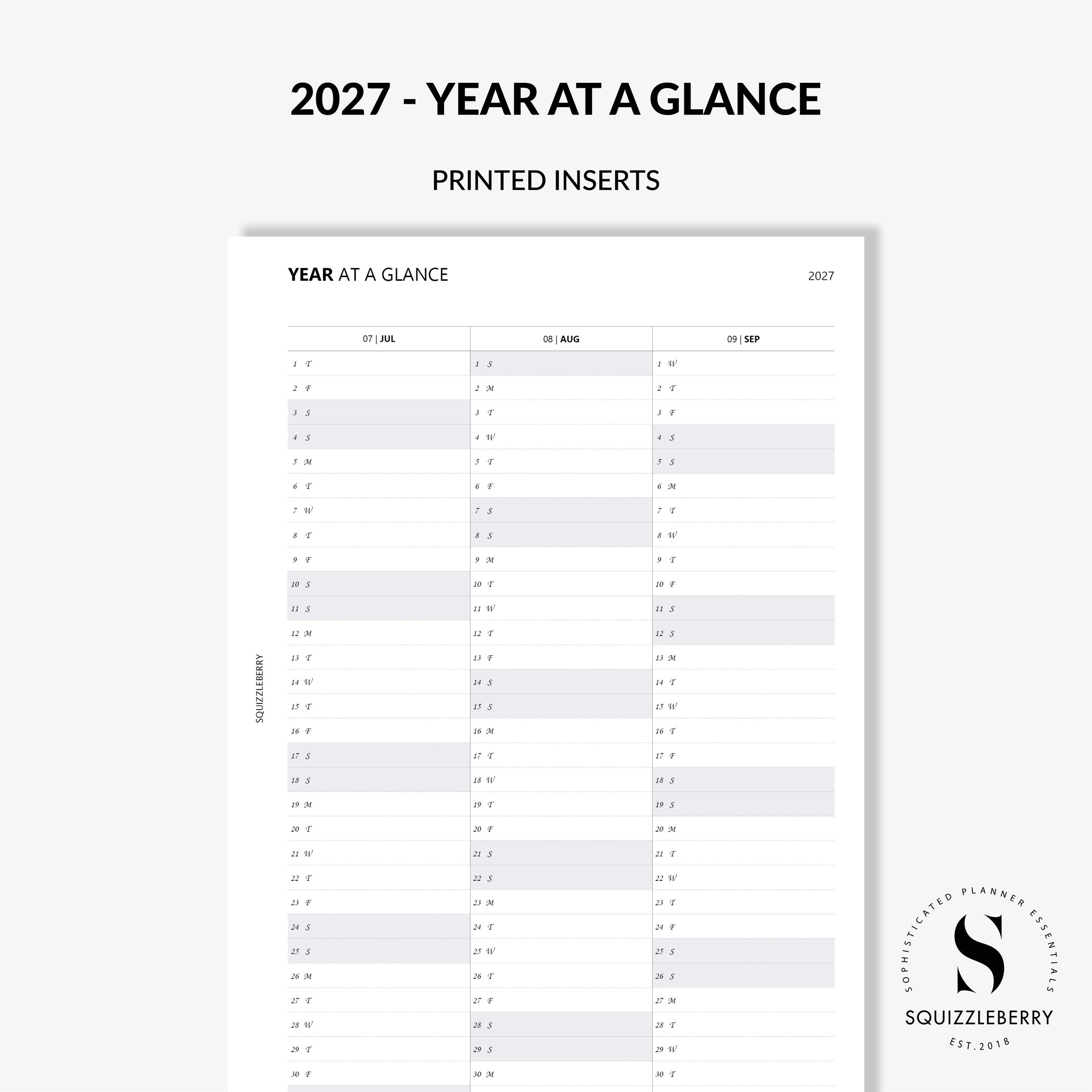 2027 year at a glance planner insert uk