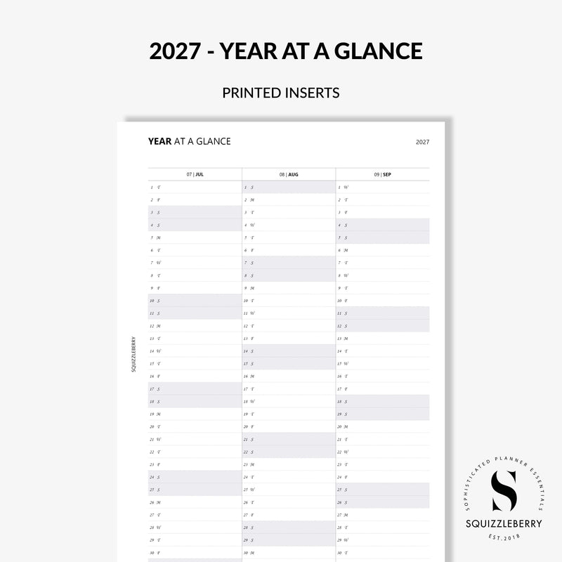 2027 year at a glance planner insert uk