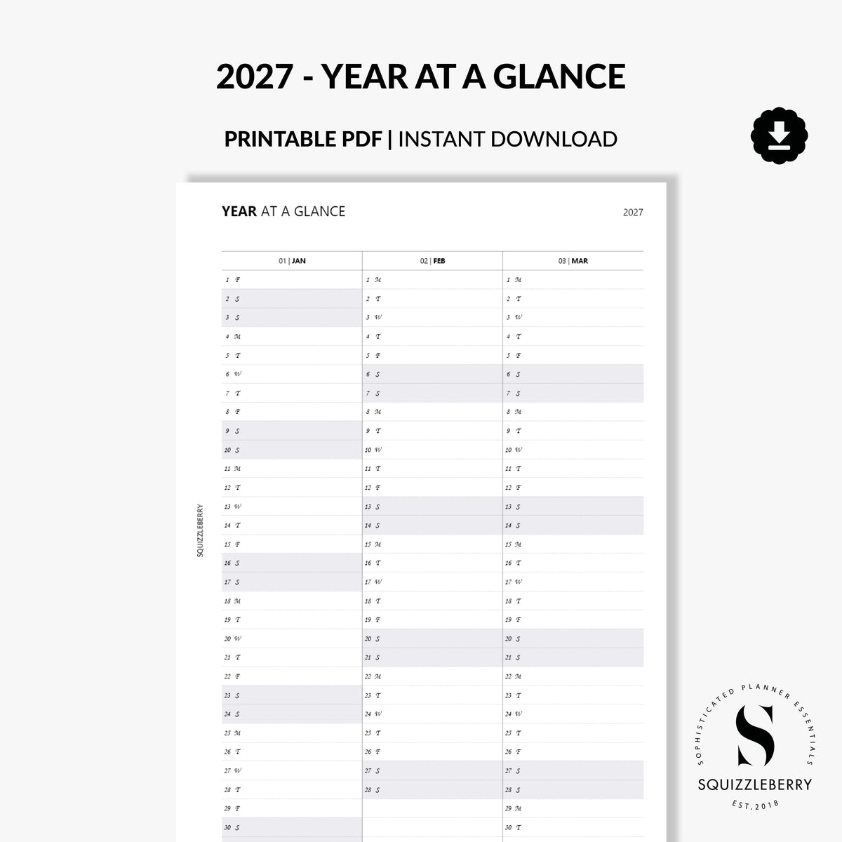 2027 year at a glance printable planner pdf
