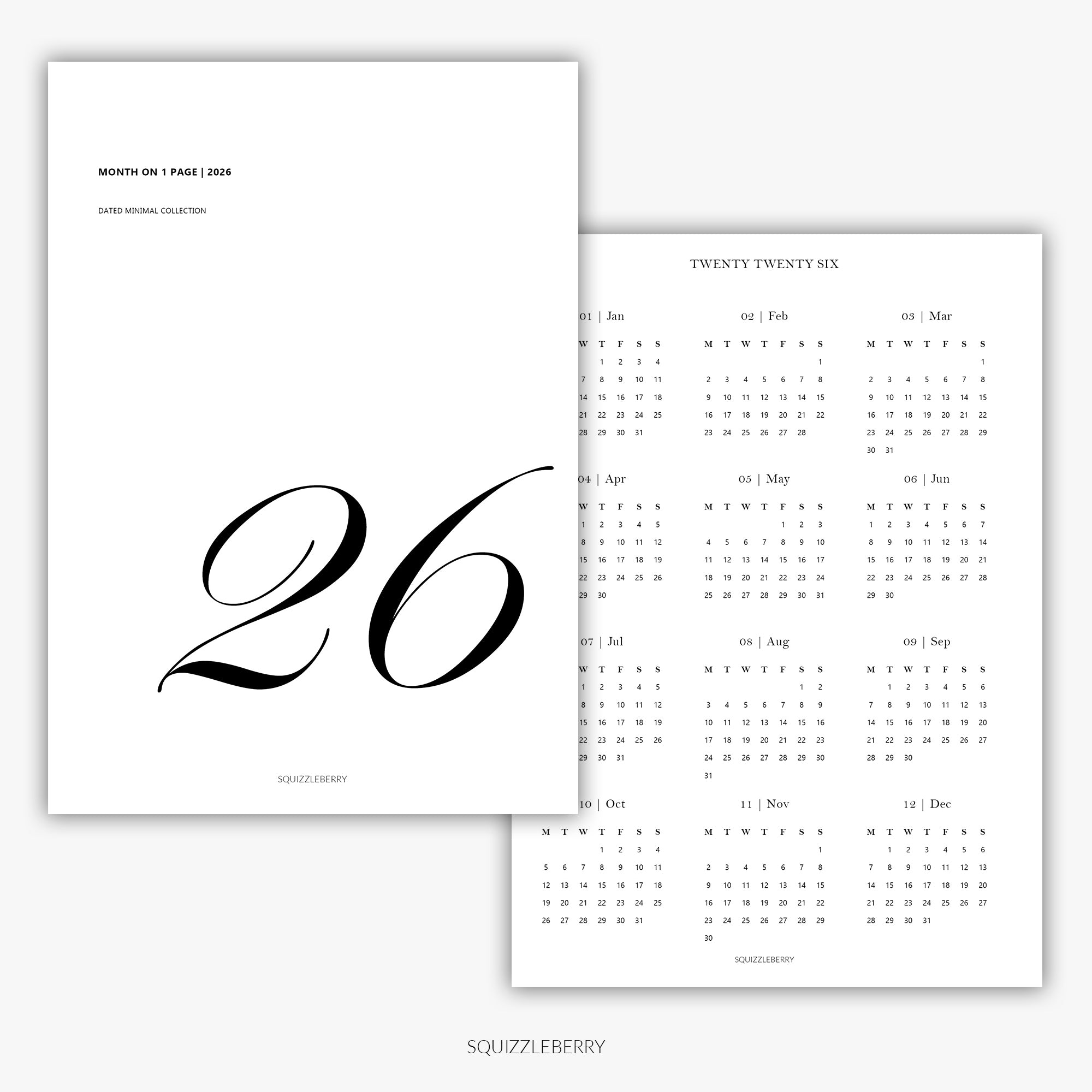2026 - Month on 1 Page | Printable