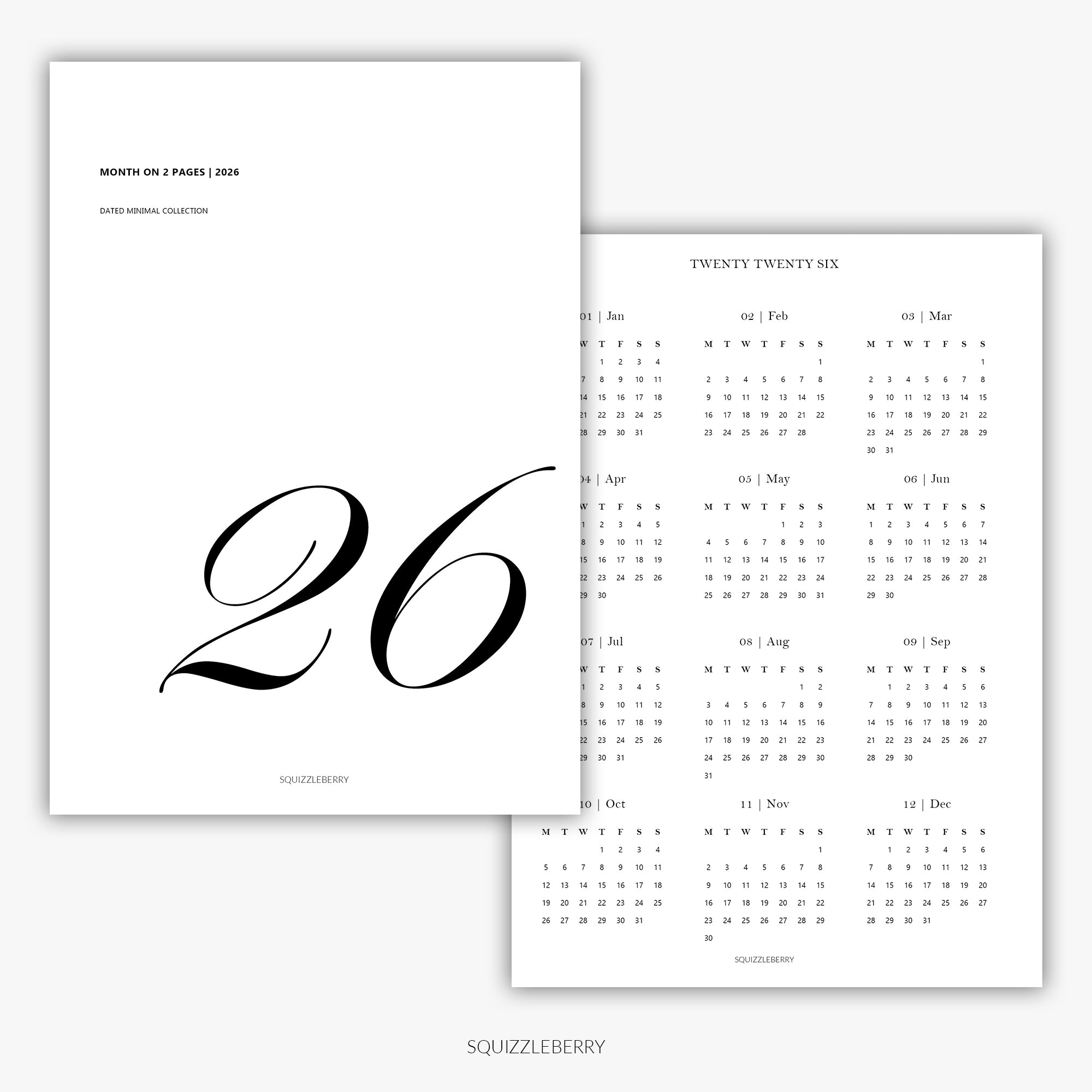 2026 - Month on 2 Pages | Printable