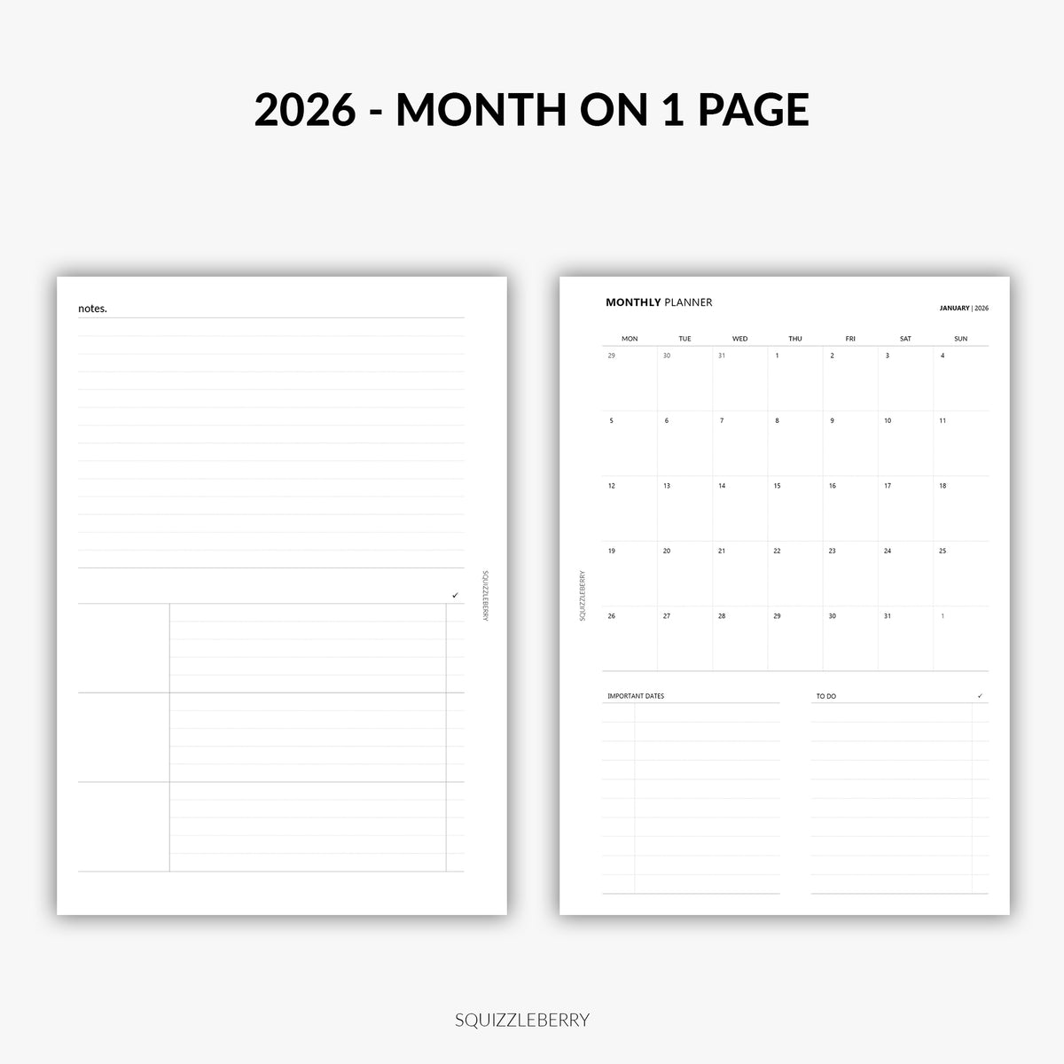 2026 - Month on 1 Page | Printable