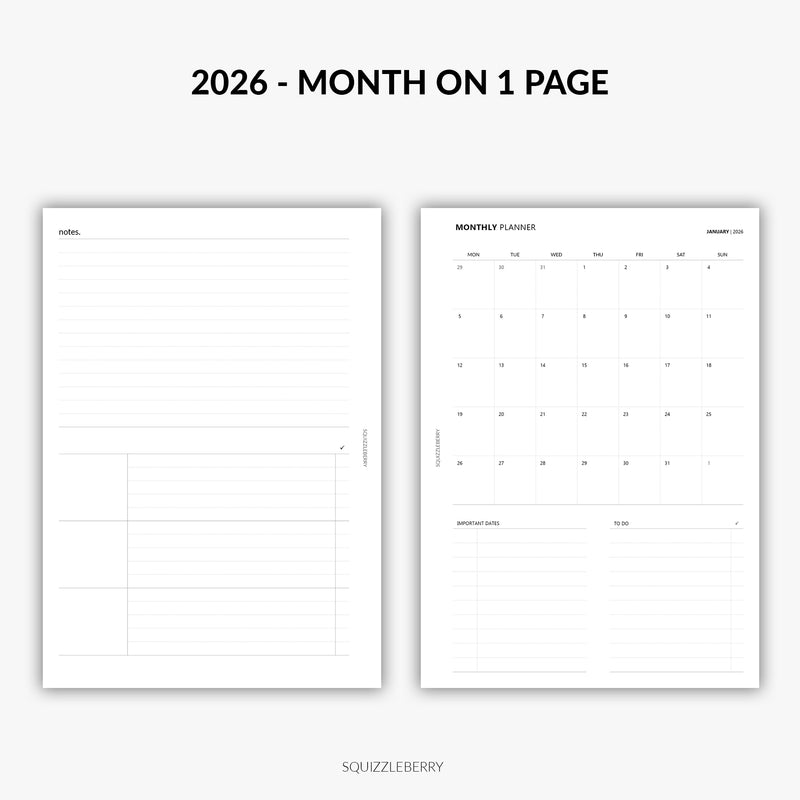 2026 - Month on 1 Page | Printable