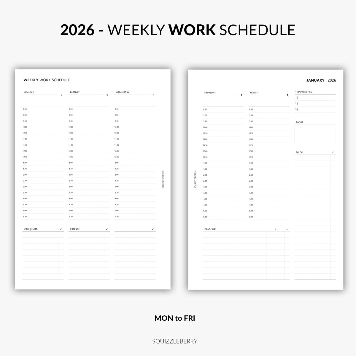 2026 - Weekly Work Schedule A5 | Printable