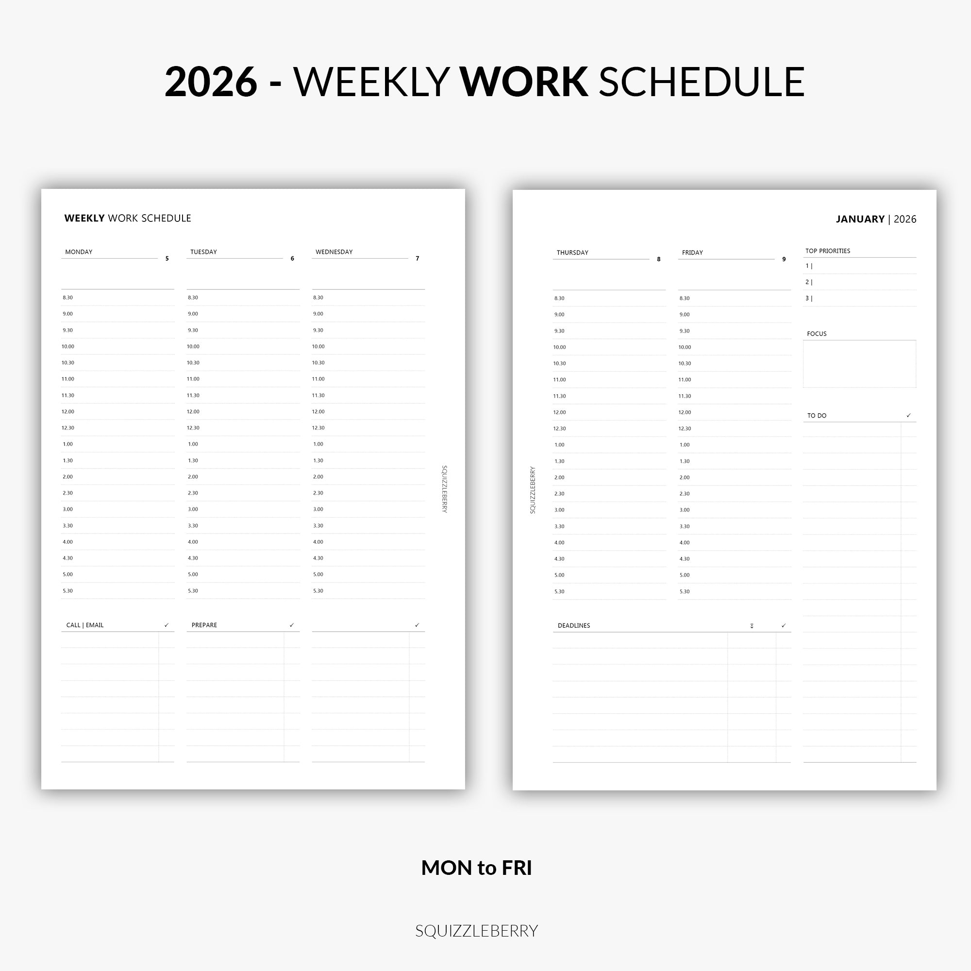 2026 - Weekly Work Schedule A5 | Printable
