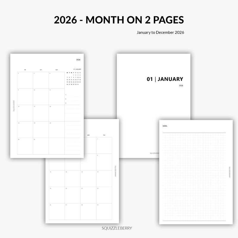 2026 - Month on 2 Pages | Printable