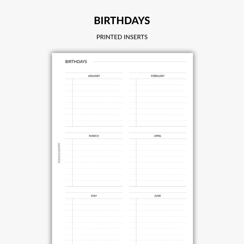 birthday tracker minimal inserts