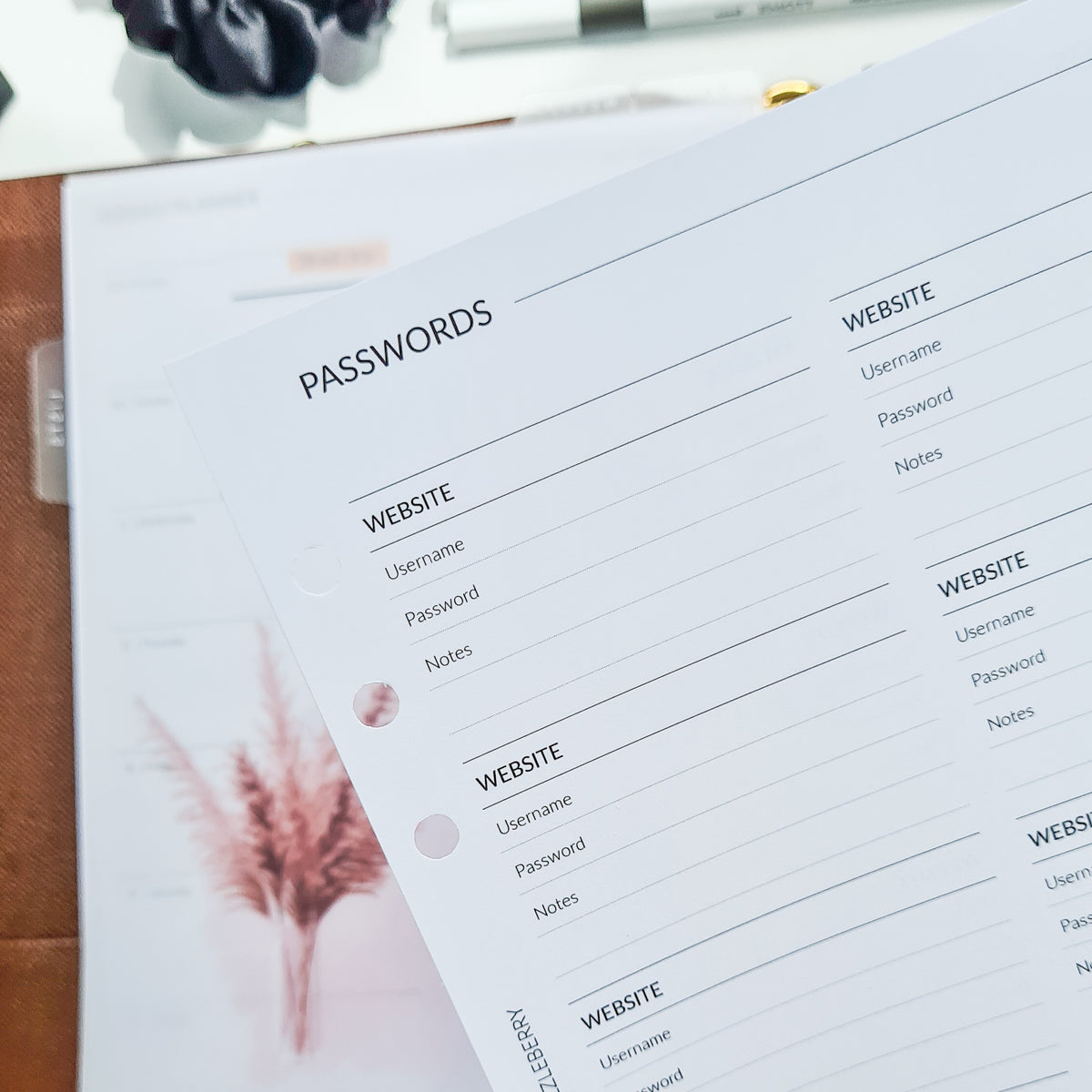 Squizzleberry password tracker insert open in Filofax binder minimalist stationery UK