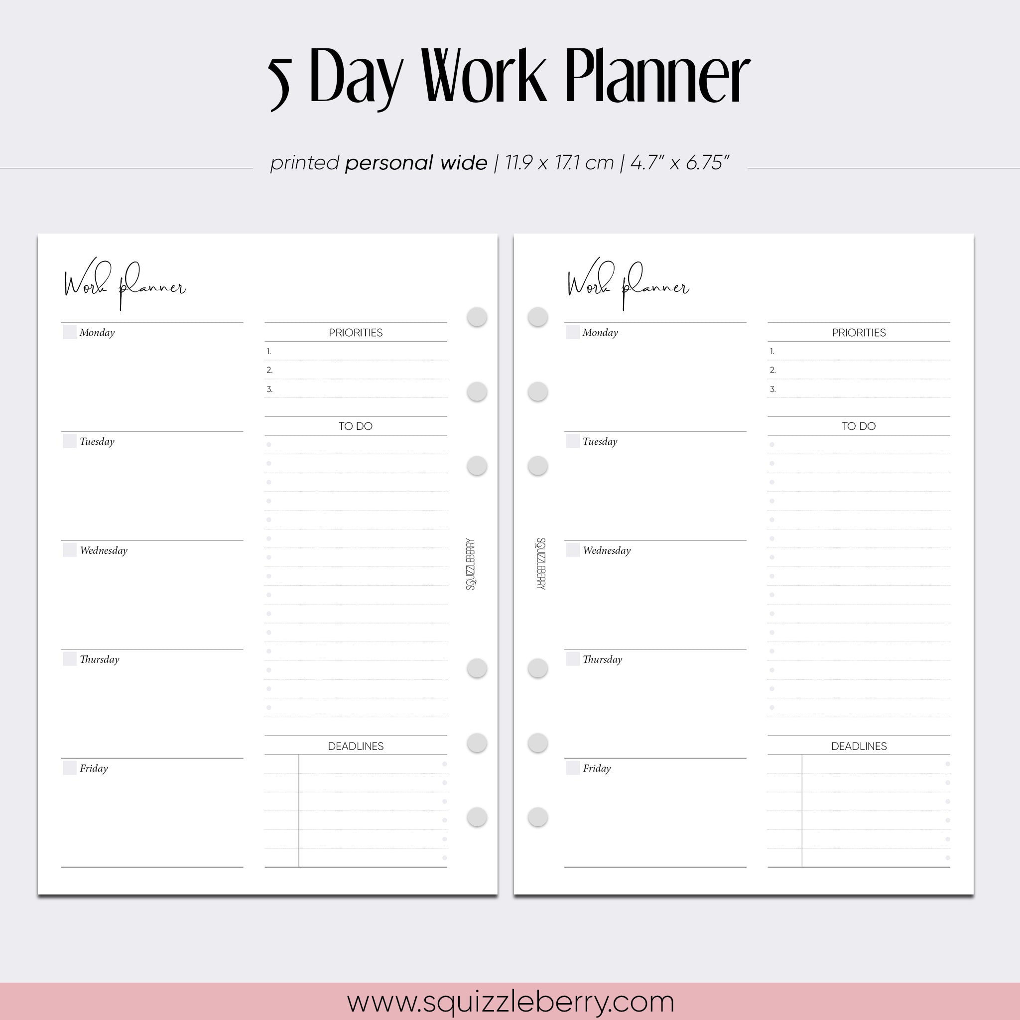 5 day working week planner inserts in personal wide