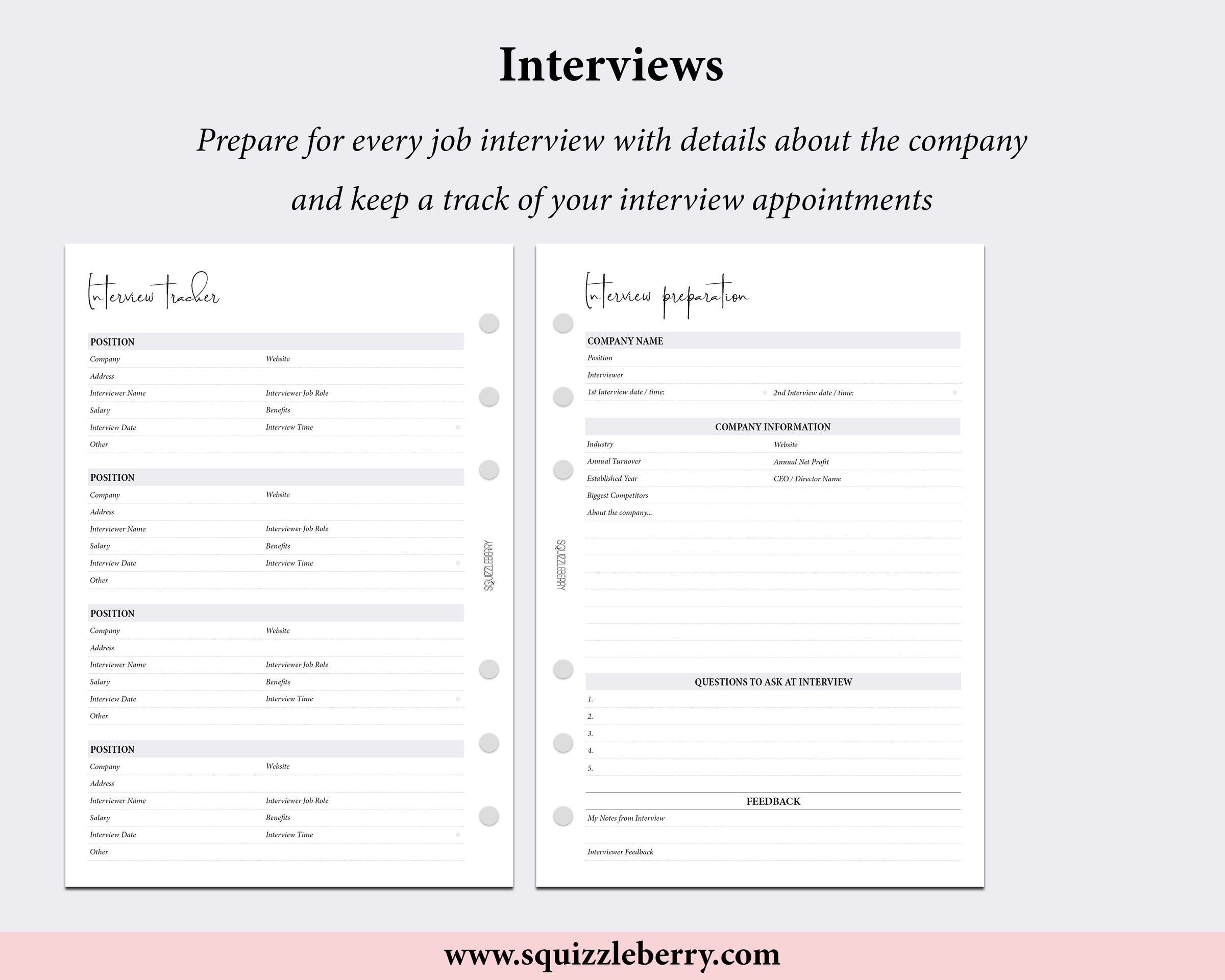 interview preparation worksheet personal wide planner inserts