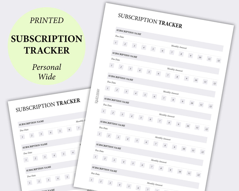 minimal subscription tracker planner inserts in personal wide size