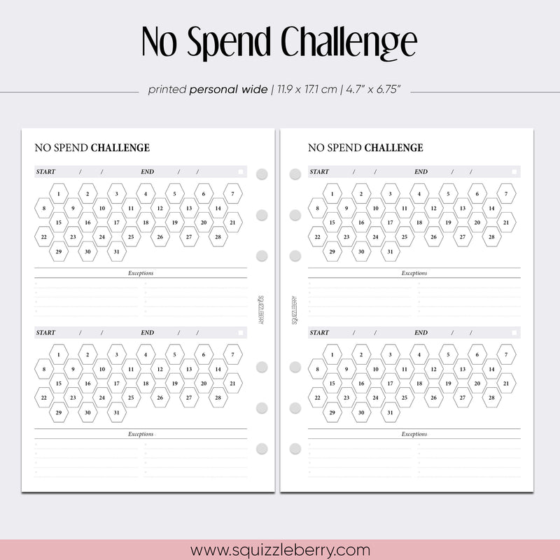no spend challenge minimal planner inserts personal wide