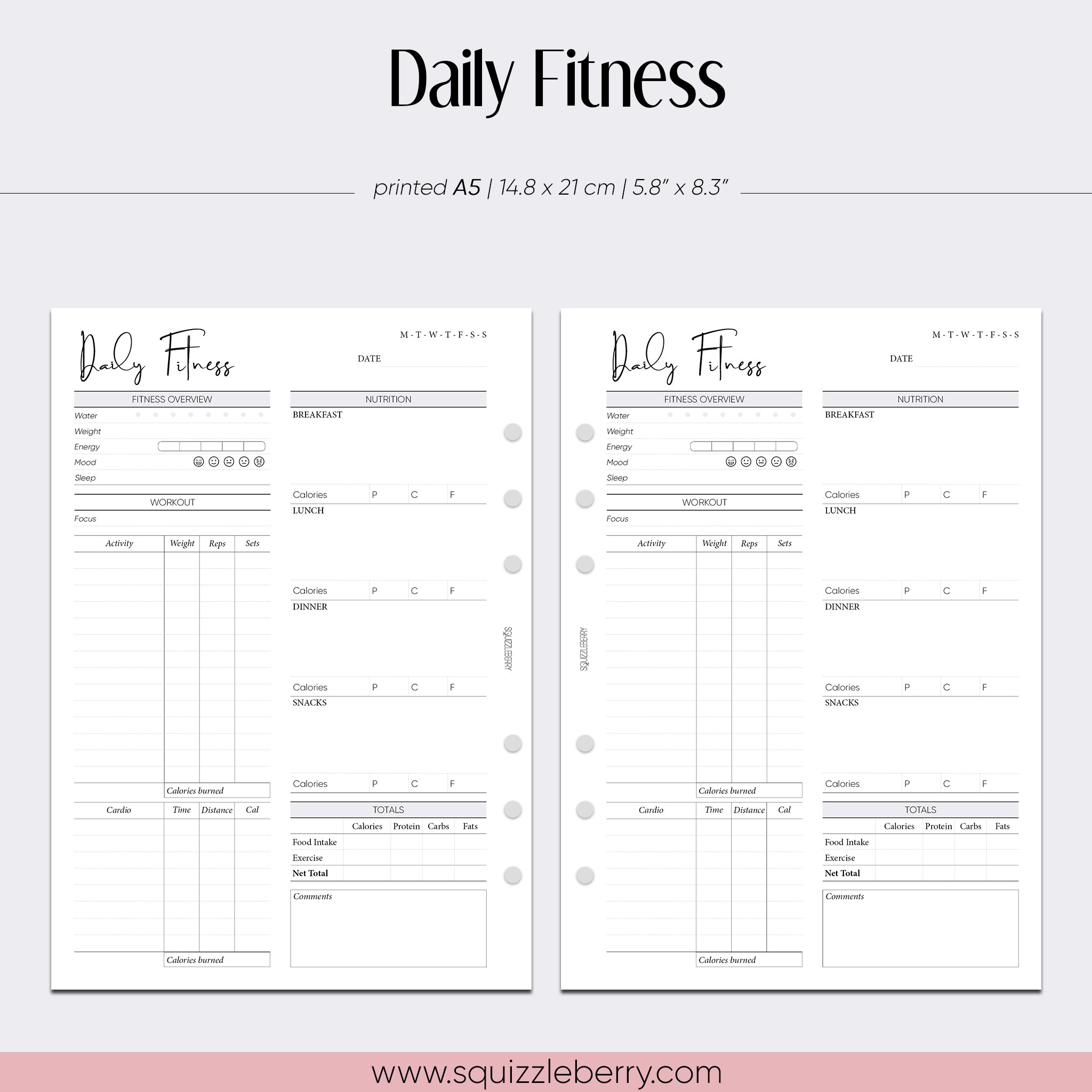 daily fitness planner with exercise and nutrition a5