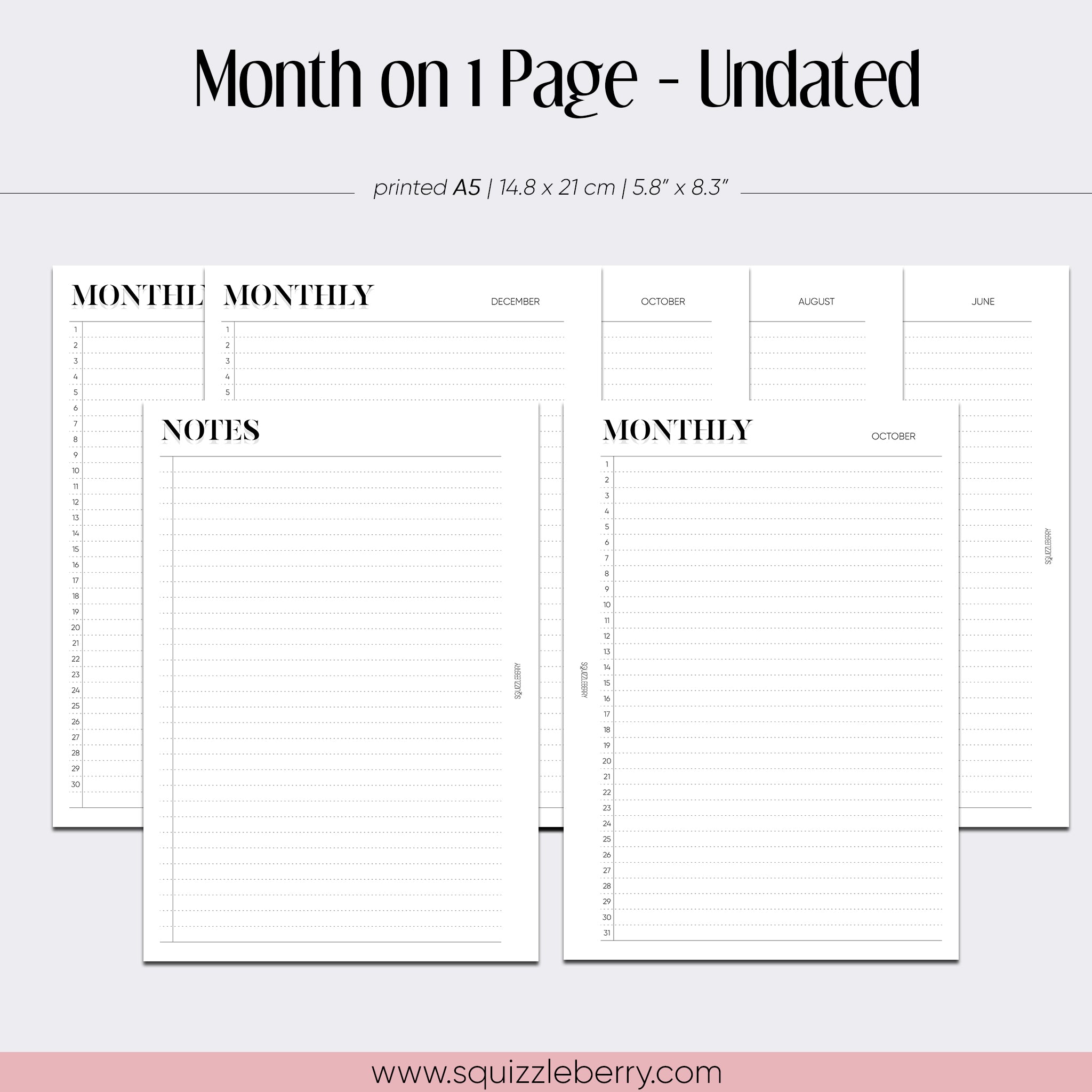 Month on 1 Page - A5 - Undated | SquizzleBerry