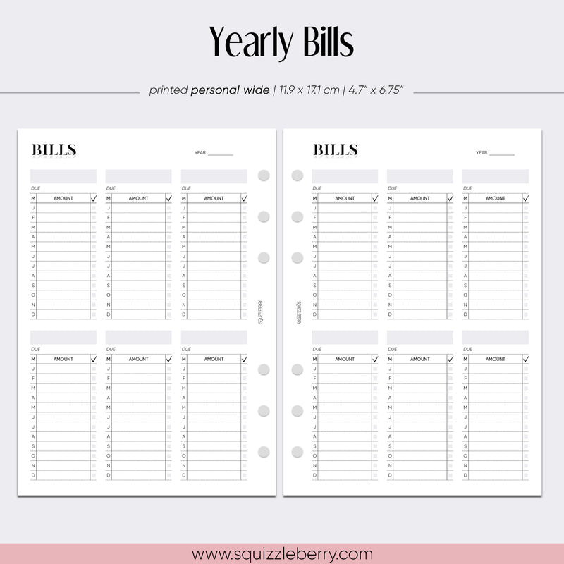 Yearly Bills Tracker - Personal Wide | SquizzleBerry